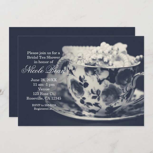 Glam Tea & Pearls Elégante Invitation Chic Bridal (Devant / Derrière)