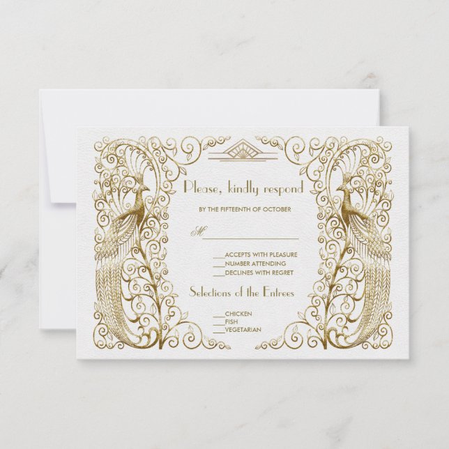 Glam White Gold Art Déco Peacocks Mariage RSVP (Devant)