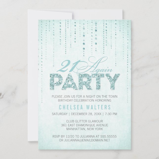 Glamor Aqua Blue 21 Invitation d'anniversaire (Devant)