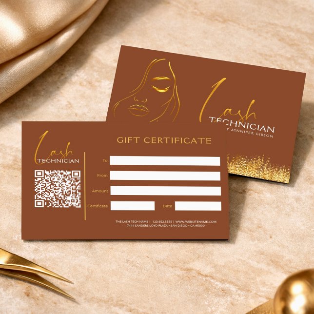 Glamorous Gold & Brown Lash Tech  Gift Certificate (Créateur téléchargé)