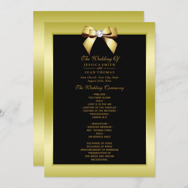 Glamour Gold Bow & Black Wedding Programme (Devant / Derrière)