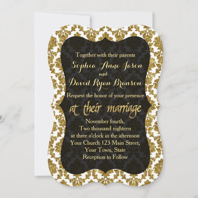 Glamour Gold Damask Gold Faire-part de mariage à h (Devant)