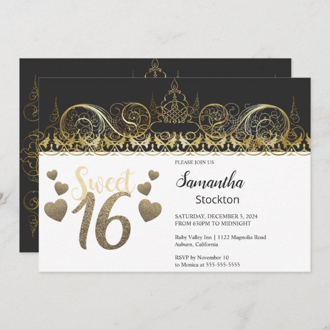 Glamour Gold Sweet 16 Invitation (Devant / Derrière)