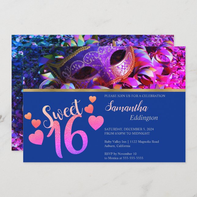 Glamour Masquerade Sweet 16 Invitation (Devant / Derrière)