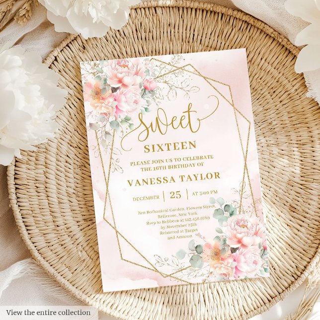 Glamour Pastel Rose or Floral Sweet 16 Invitation (Glamorous Pastel Pink Gold Floral Sweet 16 Invitation)