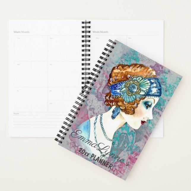 Glamourous Flapper Girl Grey Nom Planner (Devant avec enveloppe)