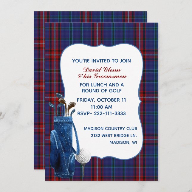 Glenn Plaid Groom's Golf Party Invitation (Devant / Derrière)