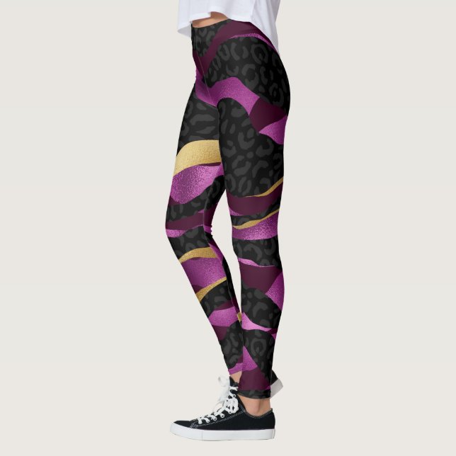 Gliter d'or rose et Leggings de yoga léopard noir (Gauche)
