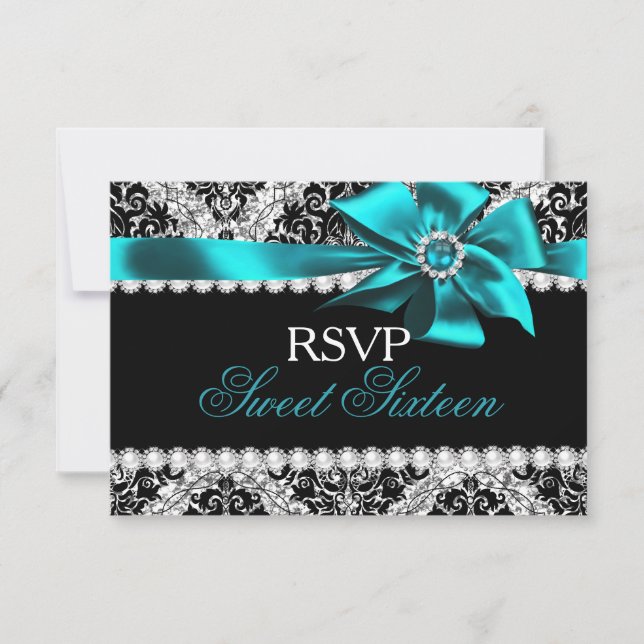 Glitter Damask & Teal Jewel Bow Douce 16 RSVP (Devant)