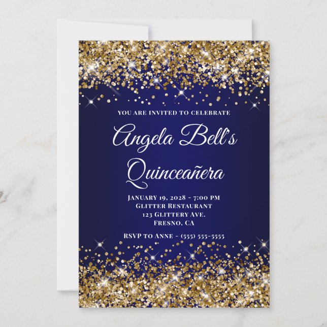 Glitter Doré Invitation Quinceanera Bleu Nuit Ombr (Devant)