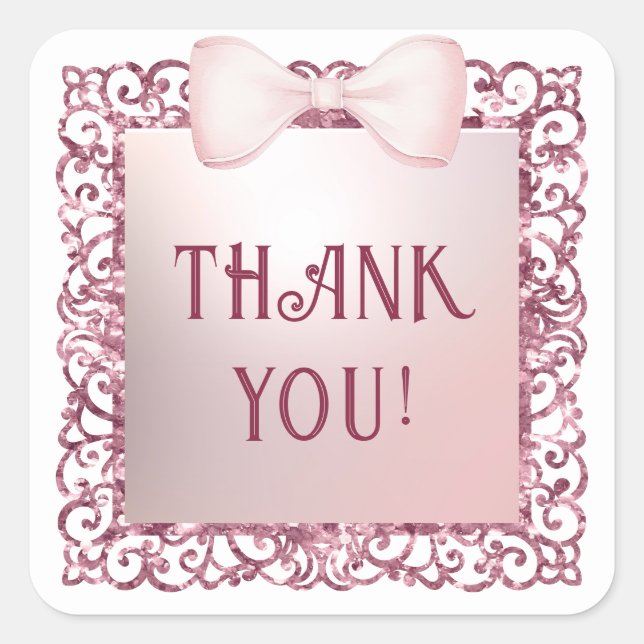 Glitter Frame Pink Bow Thank You Sticker (Devant)