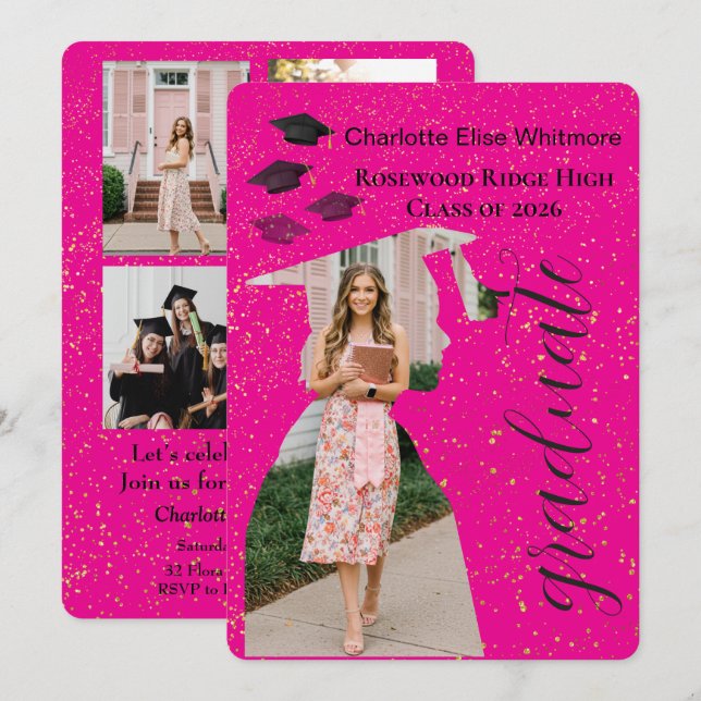 Glitter Graduation Invitation Card with Photos  (Devant / Derrière)