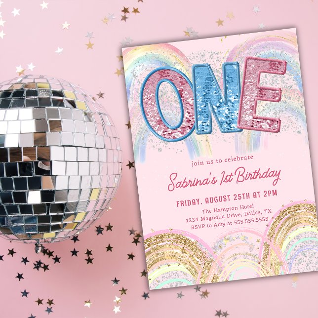 Glitter Sequin Rainbow 1st Birthday Invitation (Créateur téléchargé)
