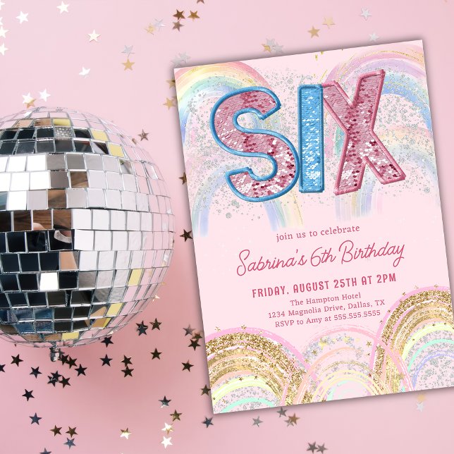 Glitter Sequin Rainbow 6th Birthday Invitation (Créateur téléchargé)