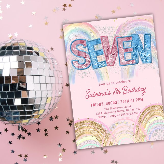 Glitter Sequin Rainbow 7th Birthday Invitation (Créateur téléchargé)