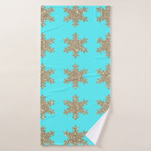 Glittery Gold Snowflakes Motif Turquoise Bleu
