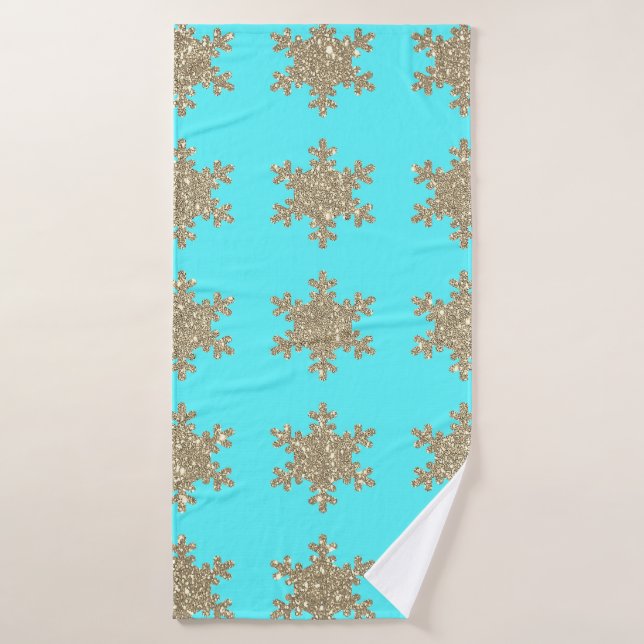 Glittery Gold Snowflakes Motif Turquoise Bleu (Serviette de bain)