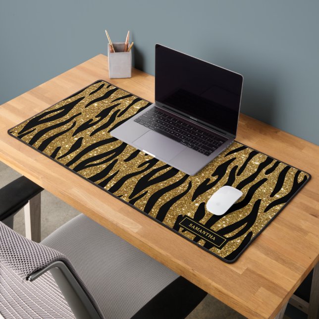 Glittery Gold Zebra Motif Personnalisé Monogramme (Bureau 2)