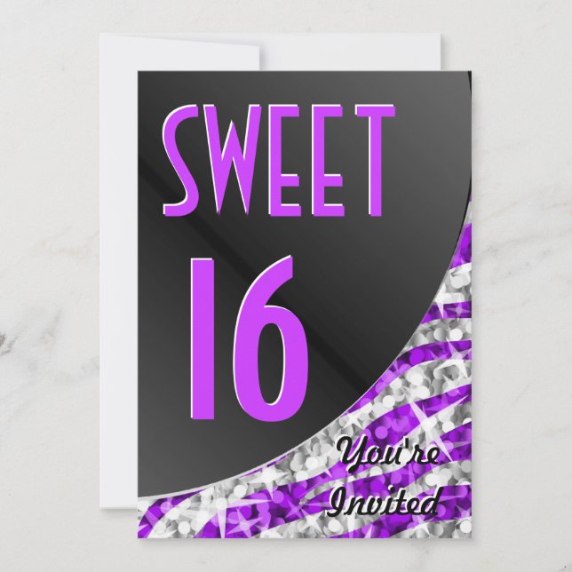 Glitz Zebra Purple courbe "Sweet 16" invitation (Devant)