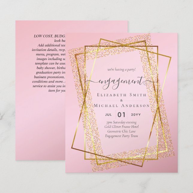Glitzy Glam ENGAGEMENT Partie Invitations BUDGET (Devant / Derrière)