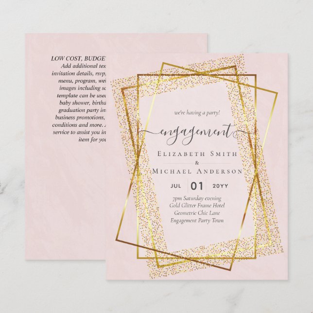 Glitzy Glam ENGAGEMENT Partie Invitations BUDGET (Devant / Derrière)