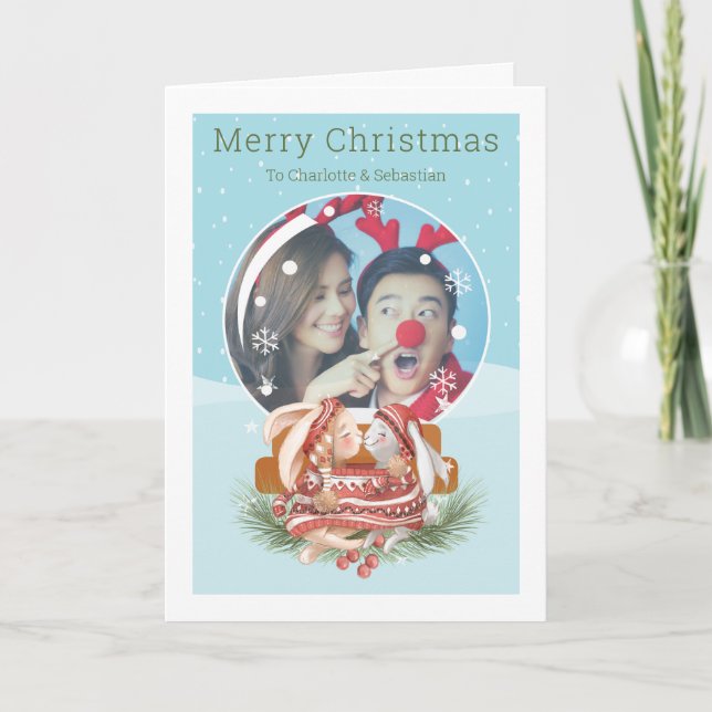 Globe De Neige De Noël Et Couple De Lapin Carte ph (Devant)