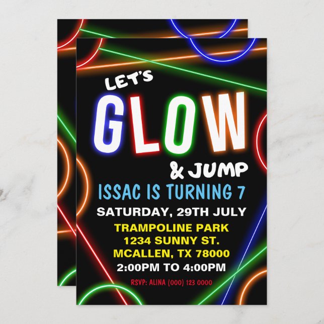 Glow and Jump Birthday Invitation (Devant / Derrière)
