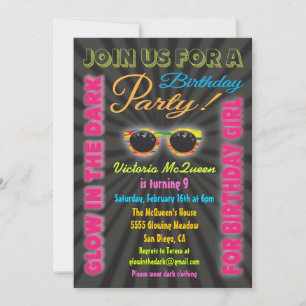 Glow in the Dark Girl Birthday Party Invitations
