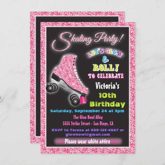 Glow in the dark roller Patinage invitations (Devant / Derrière)