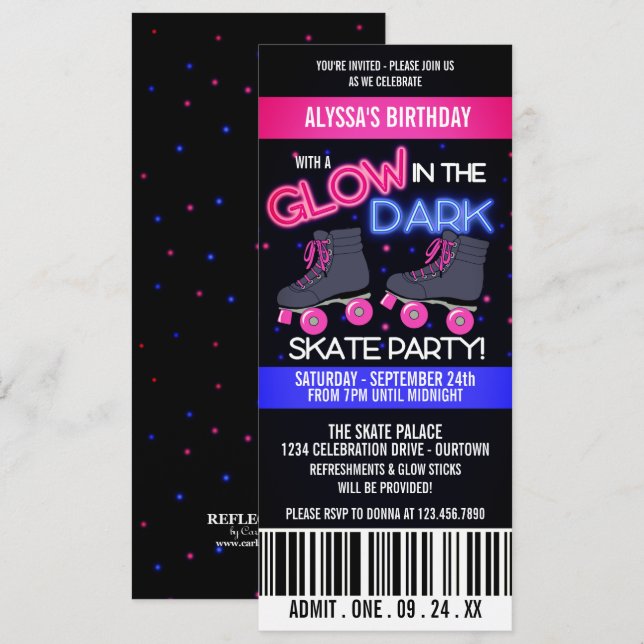 Glow in the Dark Skating Party Invitation (Devant / Derrière)