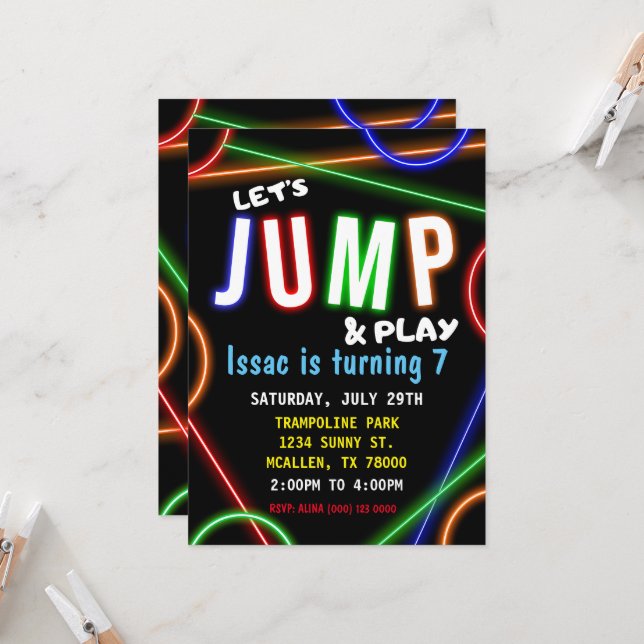 Glow Neon Let's Jump Birthday Party Invitation (Devant/Arrière en situation)