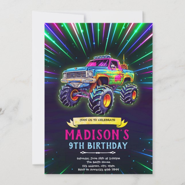 Glow neon monster truck invitation (Devant)