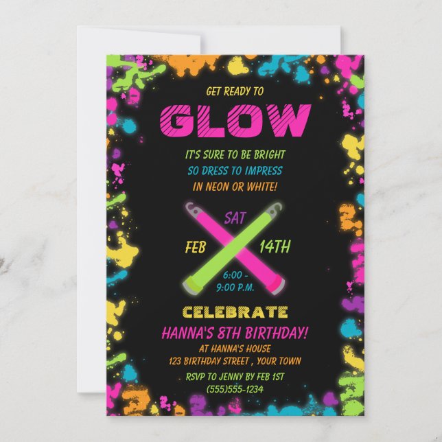 Glow Party Neon Invitation d'anniversaire (Devant)