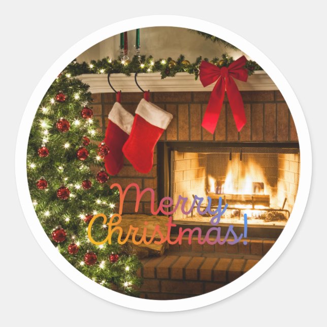 Glowing Christmas Tree and Fireplace Round Sticker (Devant)
