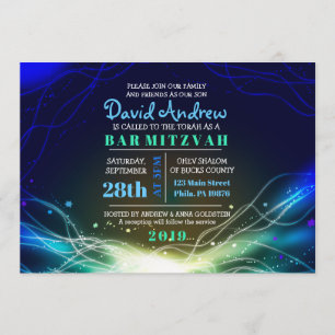 GLOWWING NEON STARS Bar Mitzvah Invitation bleu