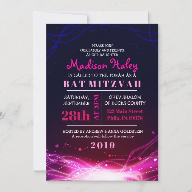 GLOWWING NEON STARS FUSCHIA Bat mitzvah Invitation (Devant)