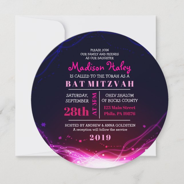 GLOWWING NEON STARS FUSCHIA Bat mitzvah Invitation (Devant)