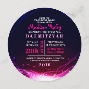 GLOWWING NEON STARS FUSCHIA Bat mitzvah Invitation