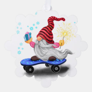 Gnome de patinage avec cadeaux Carte d'ornement de