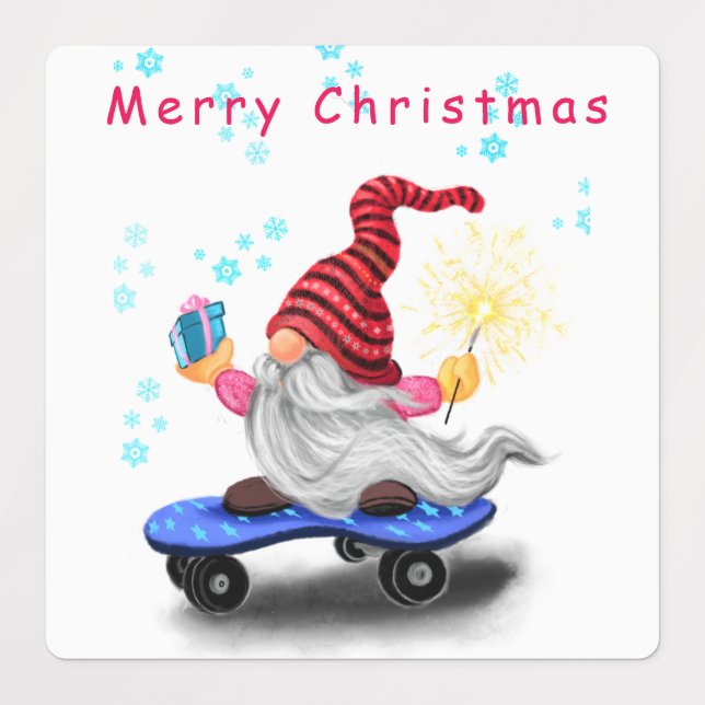 Gnome de patinage Étiquette de Noël avec cadeaux (Design 1)