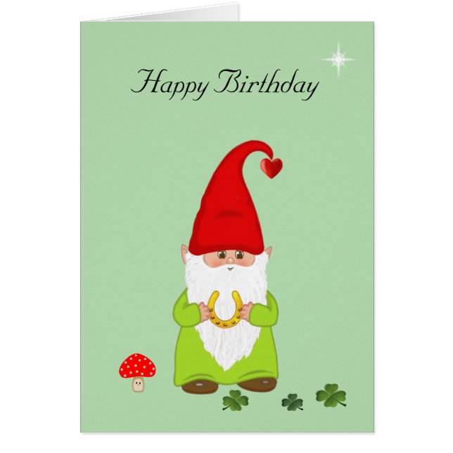 Gnome joyeux avec fer à cheval sur carte d'anniver (Devant)