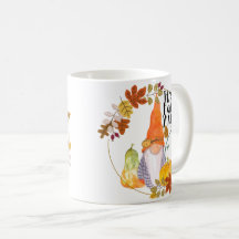 Gnome mug with pumkins squash and fall leaves