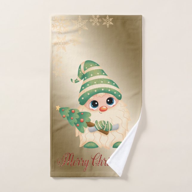 Gnome, Pine Tree, Snowflakes, Gold Christmas (Serviette à main)