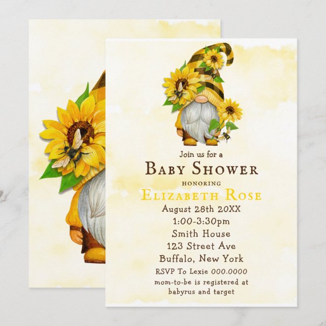 Gnome Sunflower Bees Baby Shower Invitations (Devant / Derrière)