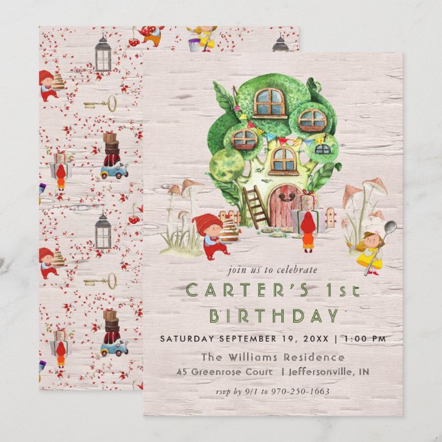 Gnome Woodland Theme Party Invitation (Devant / Derrière)