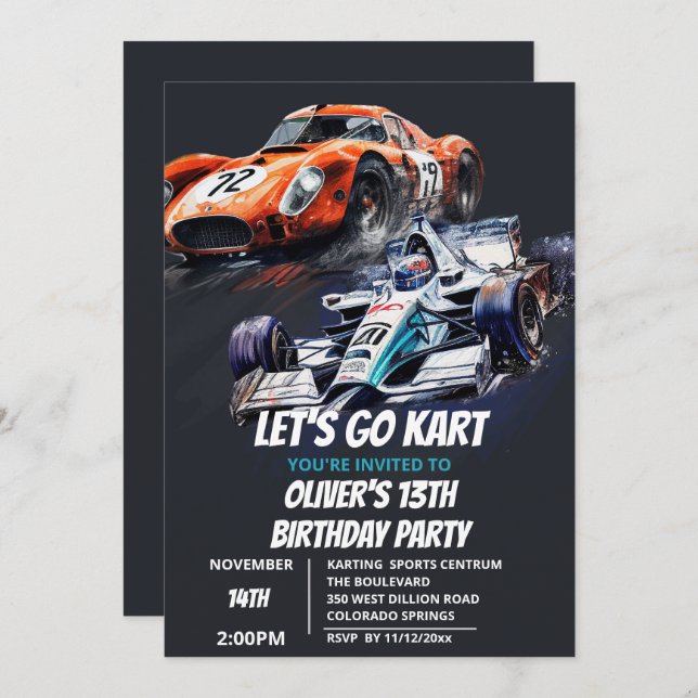 Go Kart Invitation d'anniversaire (Devant / Derrière)
