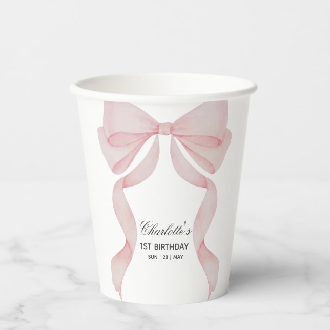Gobelet en papier Anniversaire Filles Ruban Rose (Recto)
