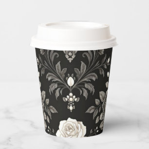 Gobelet en Papier Damassé Floral Noir Blanc Élégan