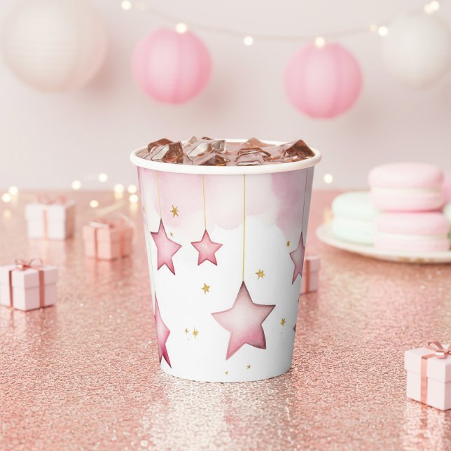 Gobelet en papier étoiles roses suspendues (Pink hanging stars paper cup.)
