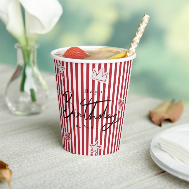 Gobelet en papier Joyeux Anniversaire Rayure Rouge (Insitu)